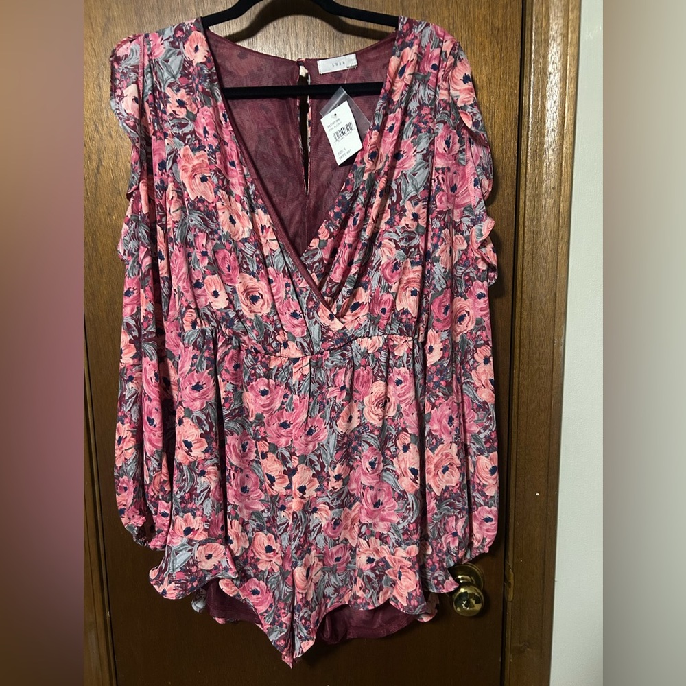 Lush Pink Floral Romper with cold shoulder size L
